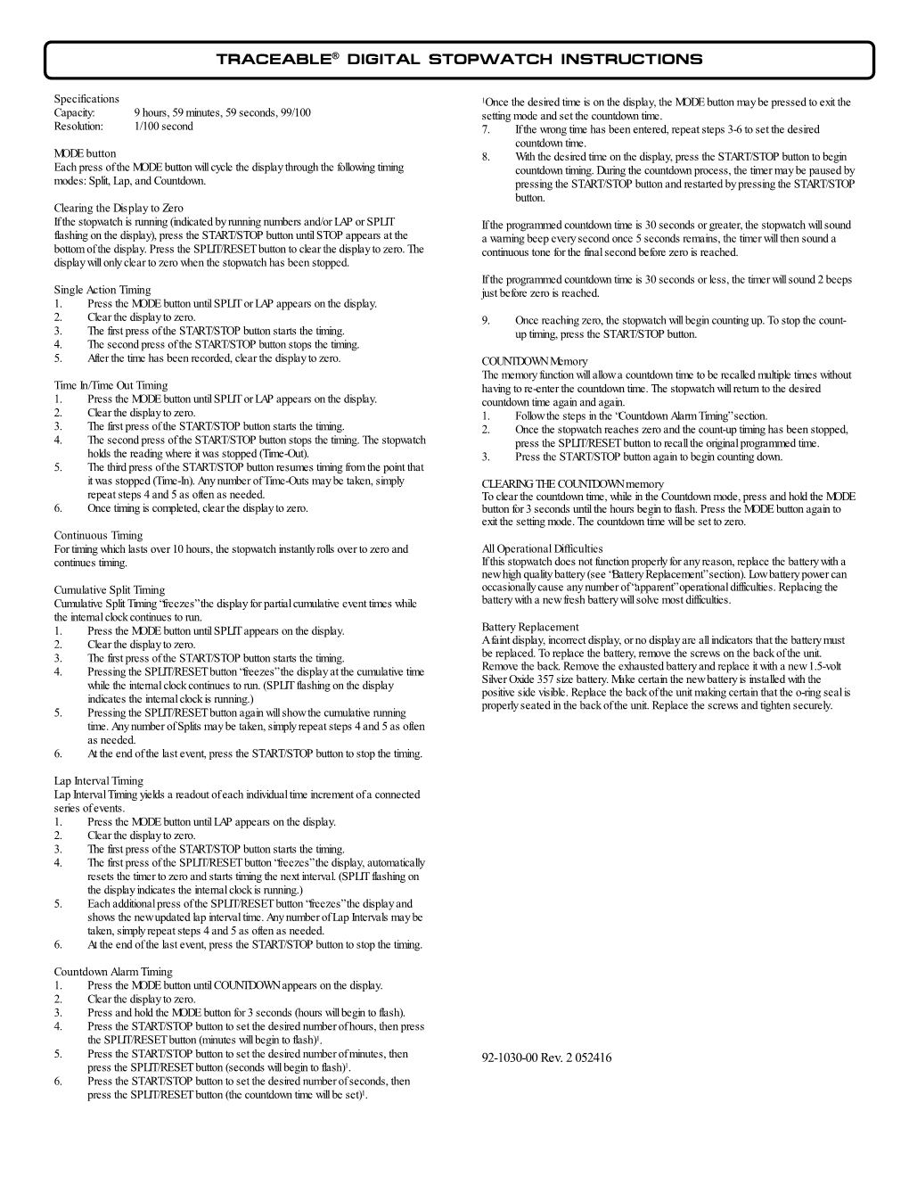 Traceable® Digital Stopwatch Instructions