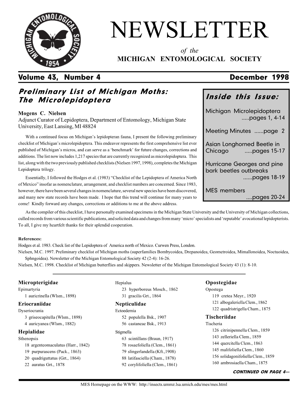 NEWSLETTER of the MICHIGAN ENTOMOLOGICAL SOCIETY