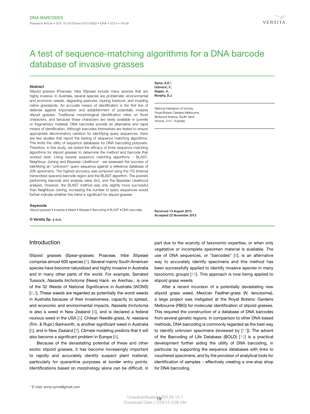 A Test of Sequence-Matching Algorithms for a DNA Barcode Database of Invasive Grasses