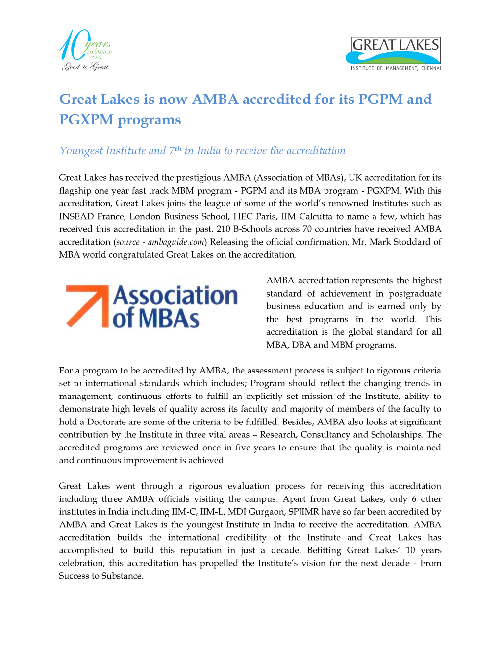 Great Lakes Is Now AMBA Accredited for Its PGPM and PGXPM Programs