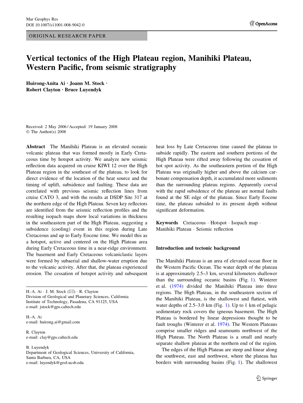 Vertical Tectonics of the High Plateau Region, Manihiki Plateau, Western Paciﬁc, from Seismic Stratigraphy