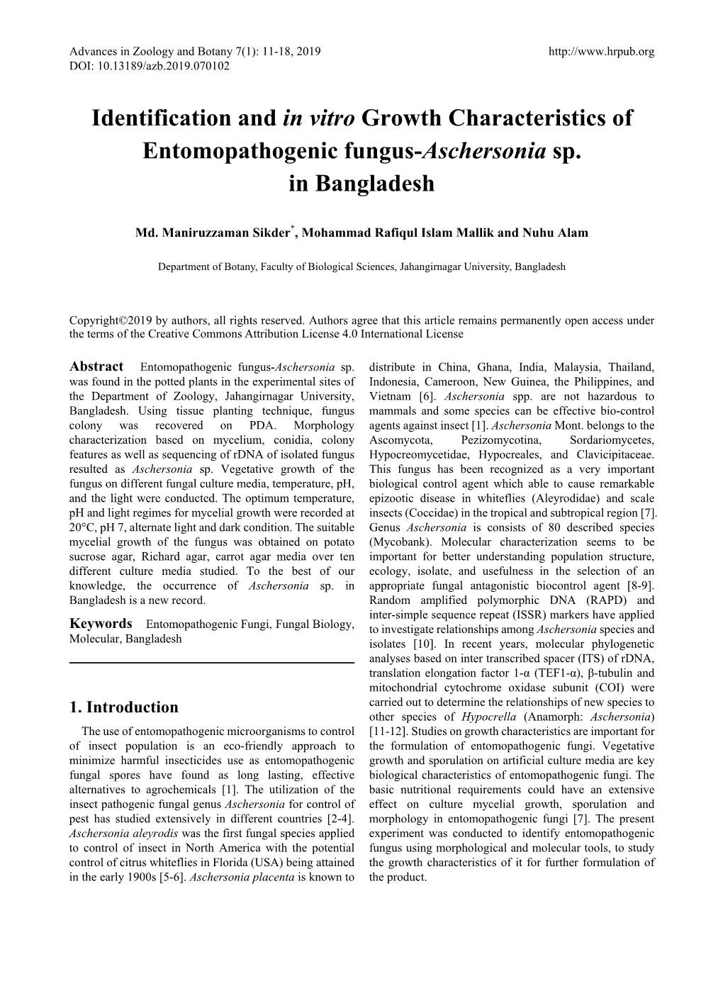 Identification and in Vitro Growth Characteristics of Entomopathogenic Fungus-Aschersonia Sp. in Bangladesh