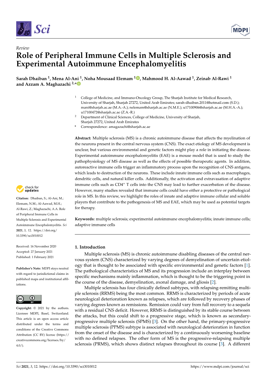 Role of Peripheral Immune Cells in Multiple Sclerosis and Experimental Autoimmune Encephalomyelitis
