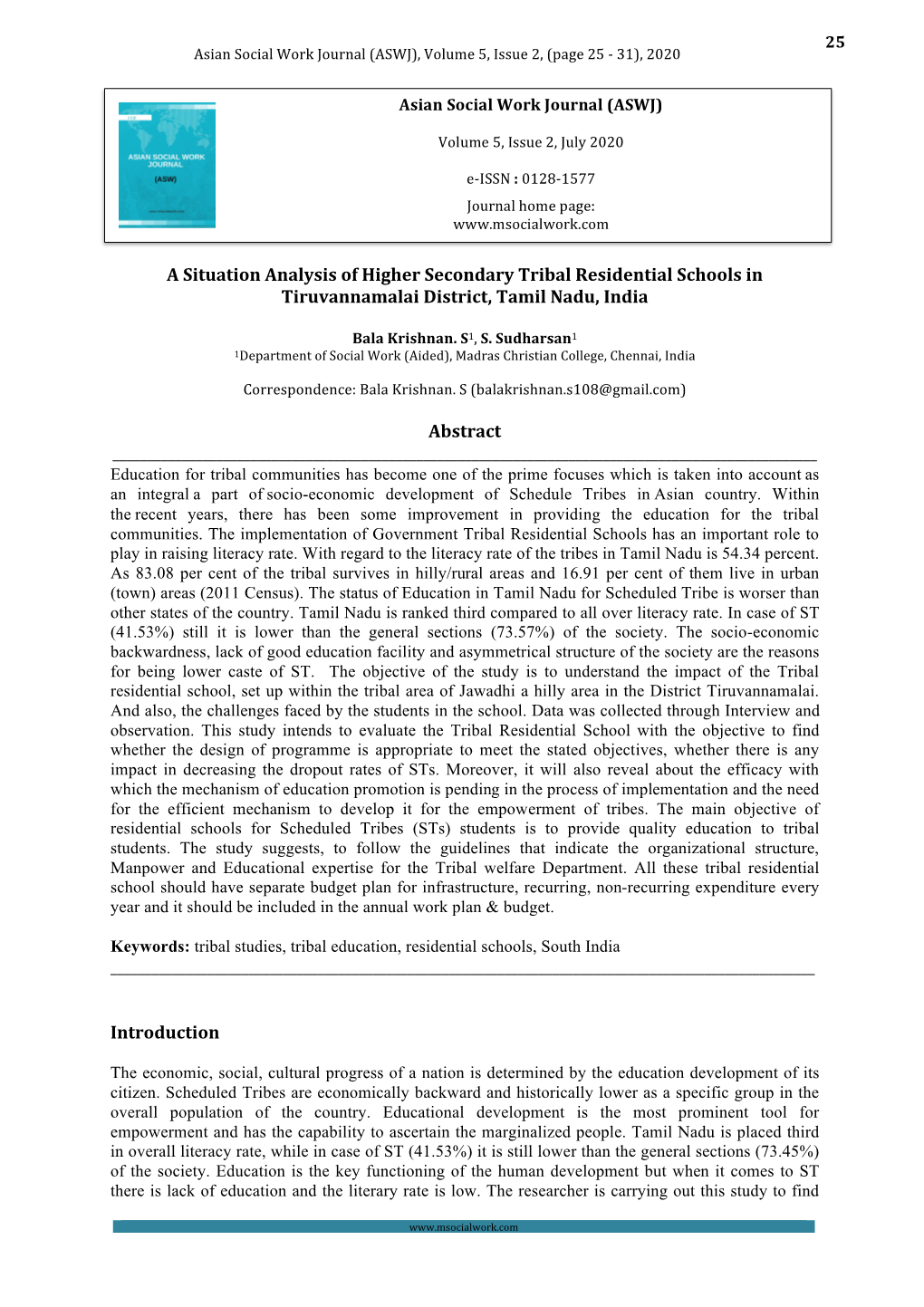 A Situation Analysis of Higher Secondary Tribal Residential Schools in Tiruvannamalai District, Tamil Nadu, India