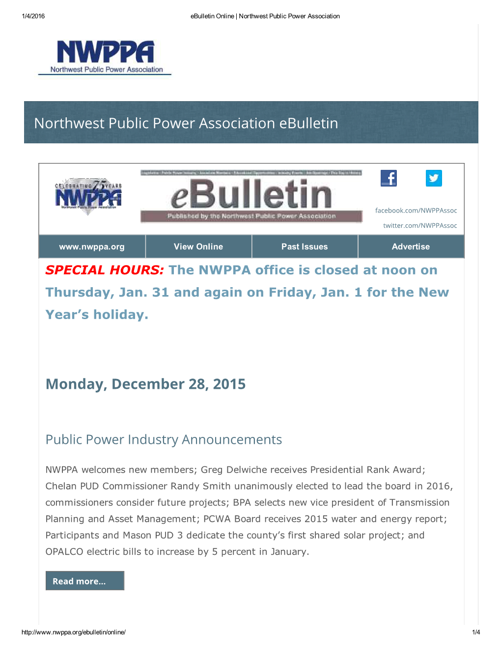 Northwest Public Power Association Ebulletin Monday, December 28, 2015