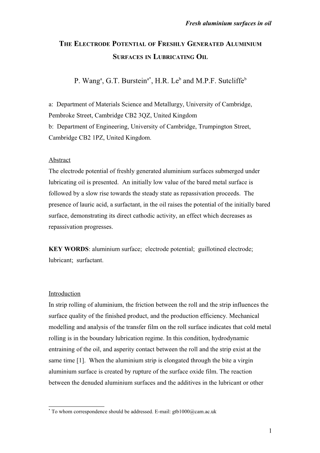 The Electrode Potential of Freshly Generated Aluminium Surfaces in Lubricating Oil