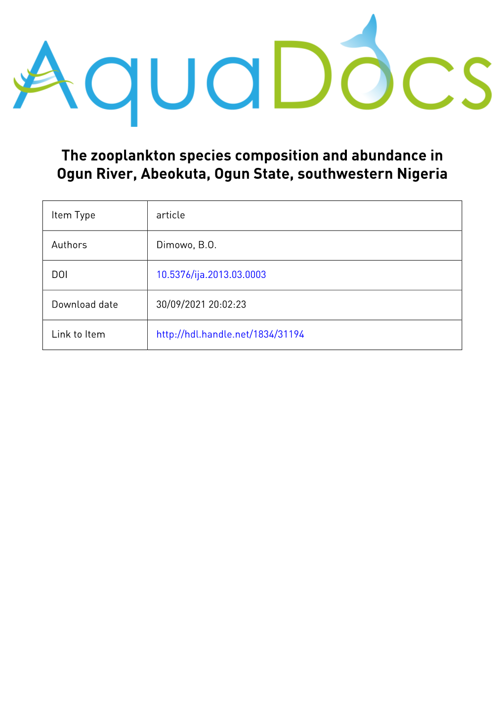 The Zooplankton Species Composition and Abundance in Ogun River, Abeokuta, Ogun State, Southwestern Nigeria