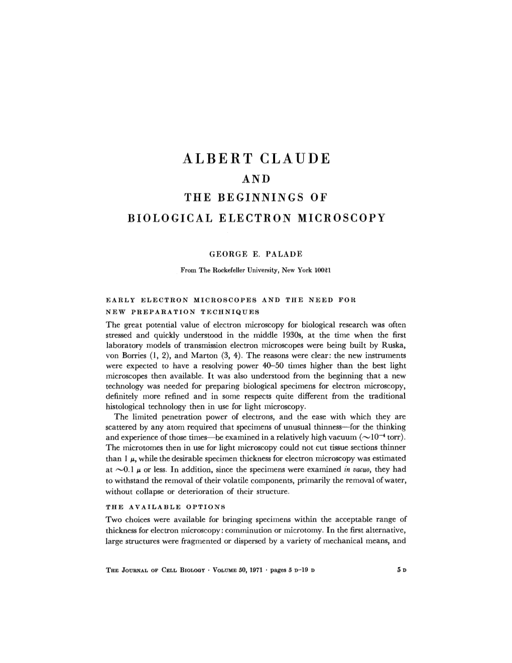 Albert Claude and the Beginnistgs of Biological Electron Microscopy