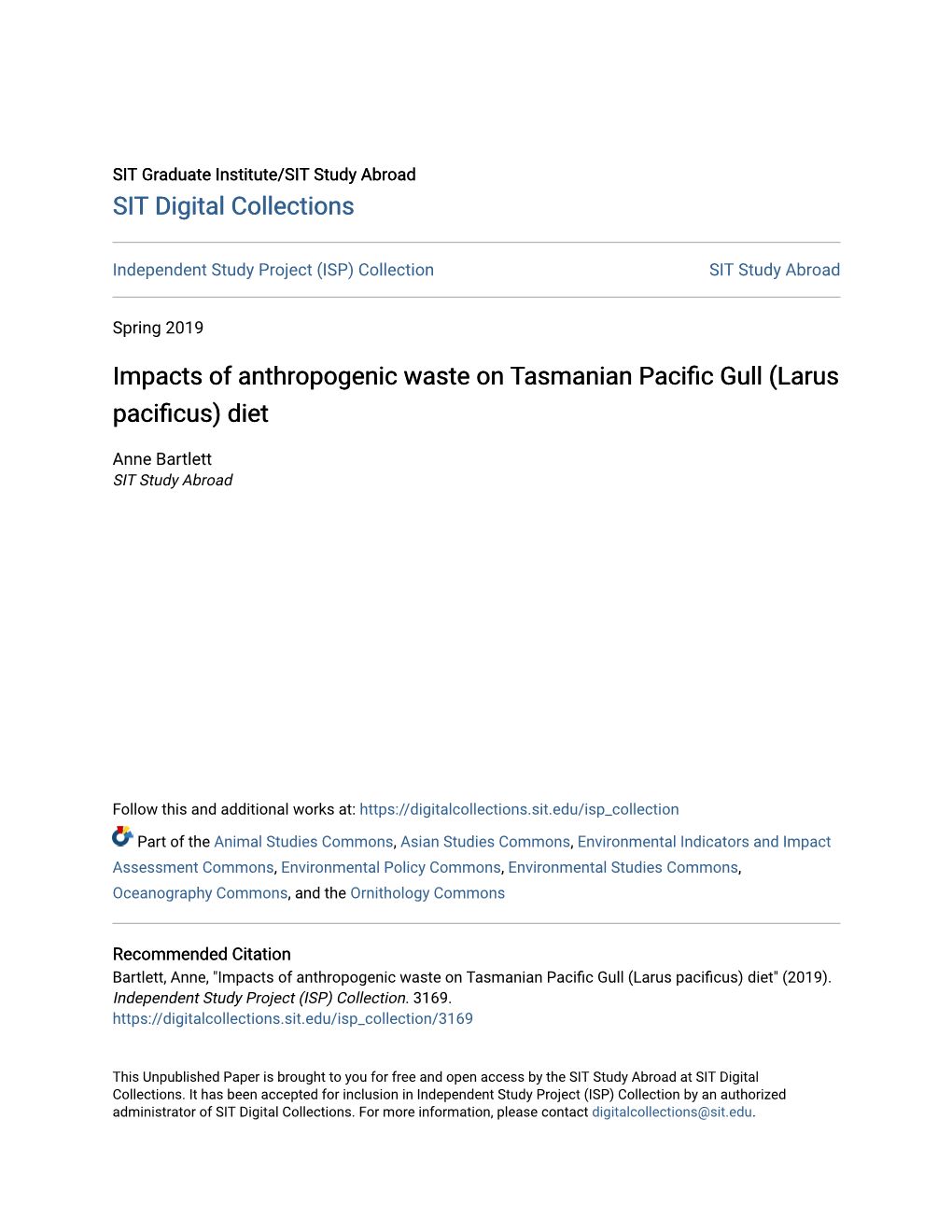 Impacts of Anthropogenic Waste on Tasmanian Pacific Gull (Larus Pacificus) Diet