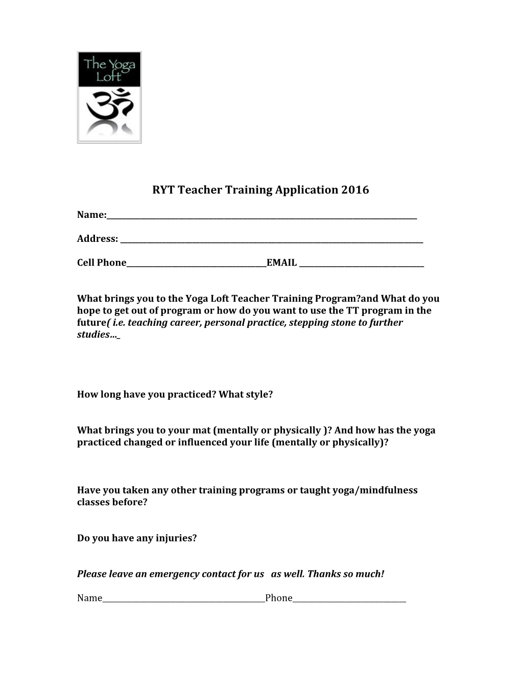 RYT Teacher Training Application 2016