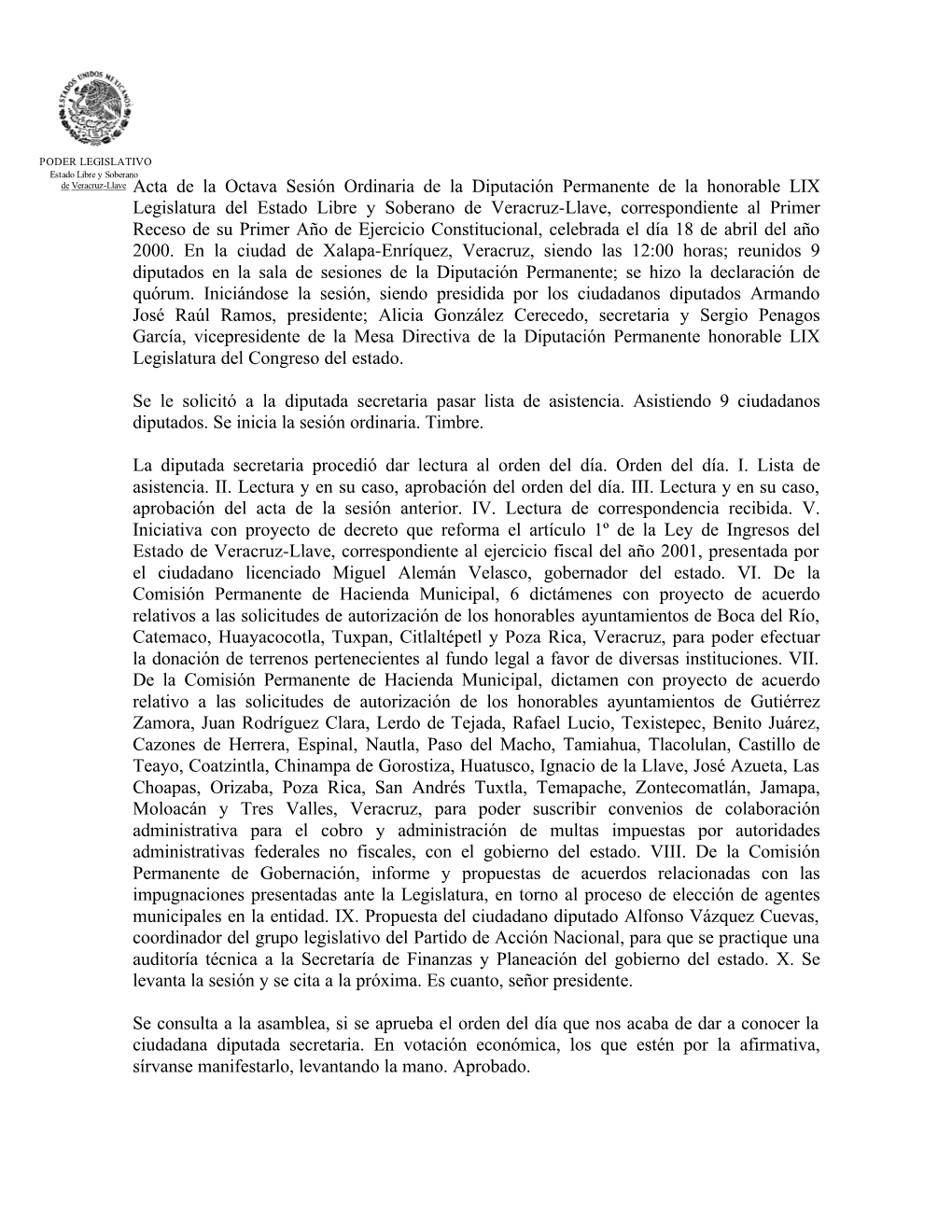 Acta De La Octava Sesión Ordinaria De La Diputación Permanente De La