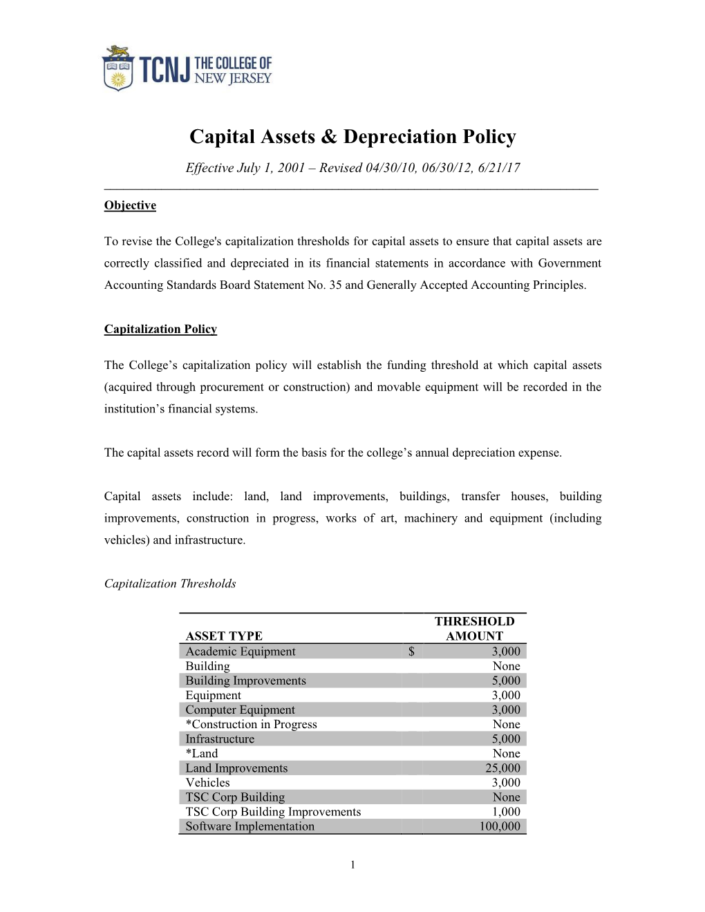 Capital Assets & Depreciation Policy