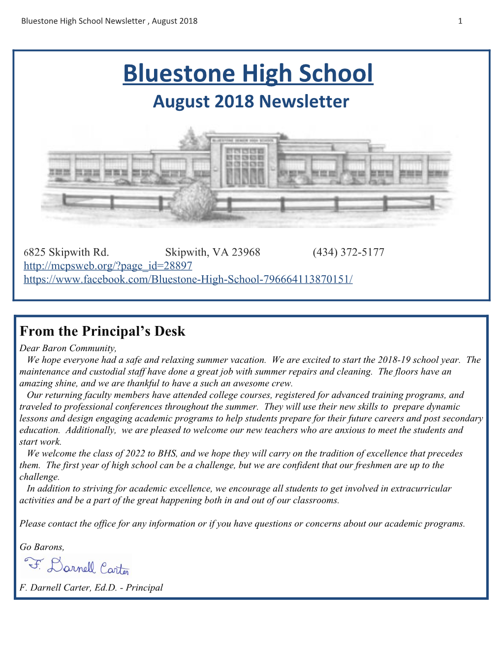 Bluestone High School Newsletter , August 2018 1