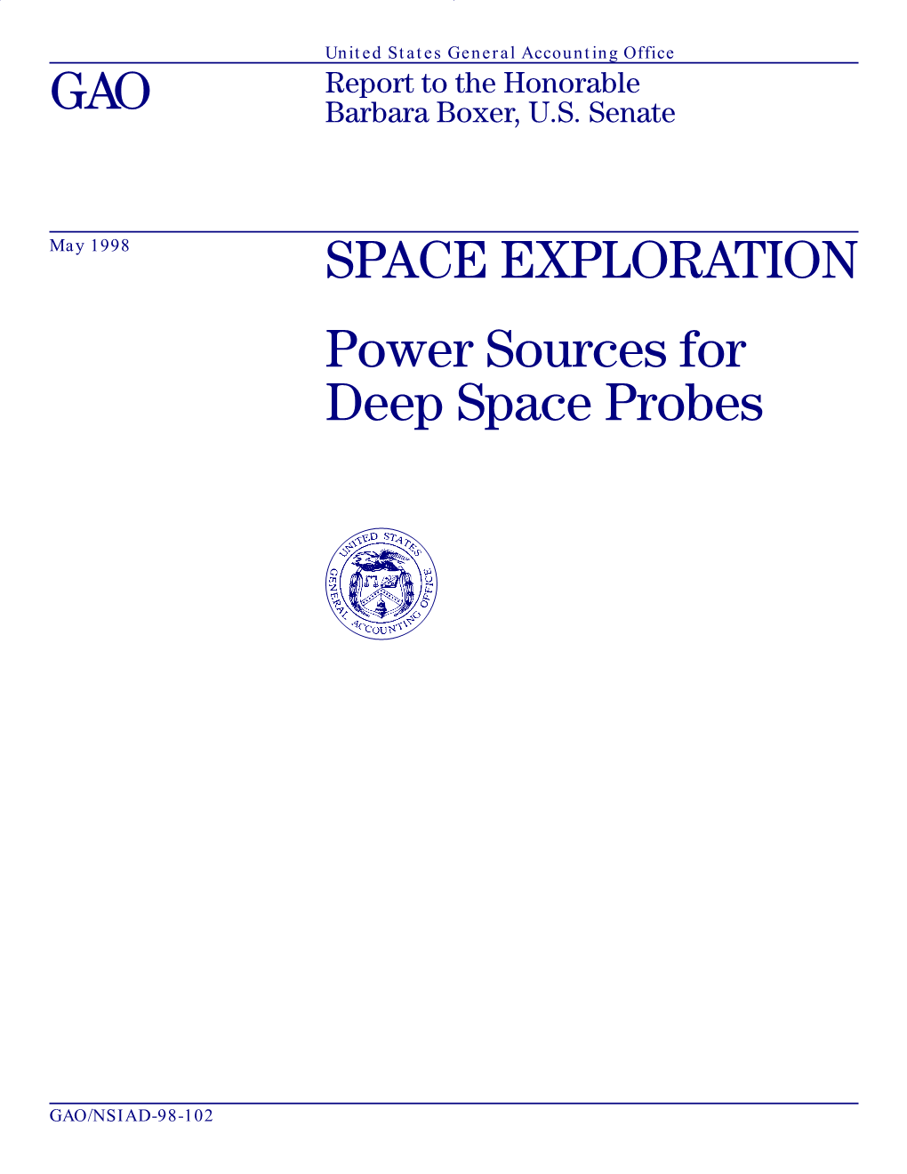 NSIAD-98-102 Space Exploration: Power Sources for Deep Space