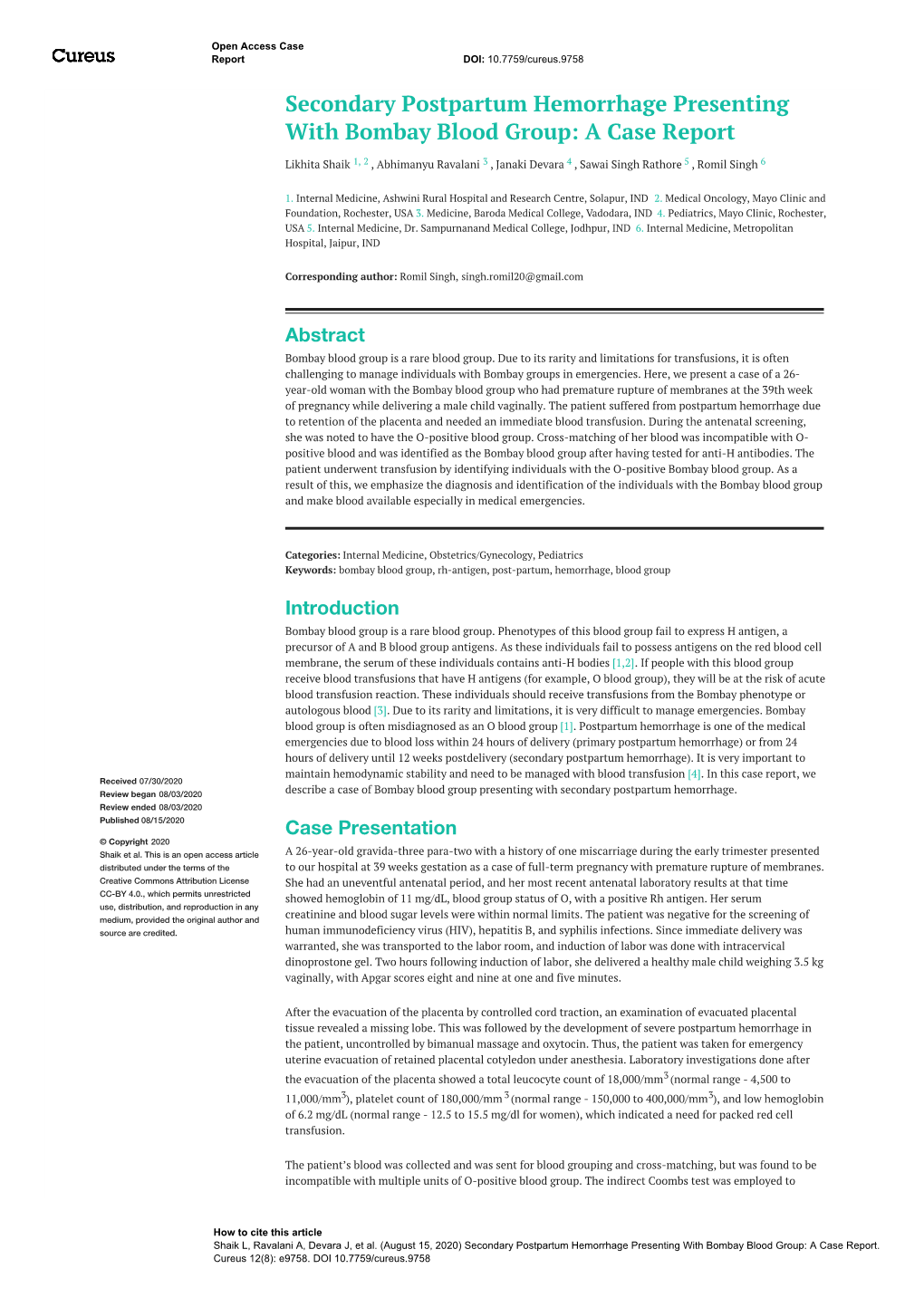 Secondary Postpartum Hemorrhage Presenting with Bombay Blood Group: a Case Report