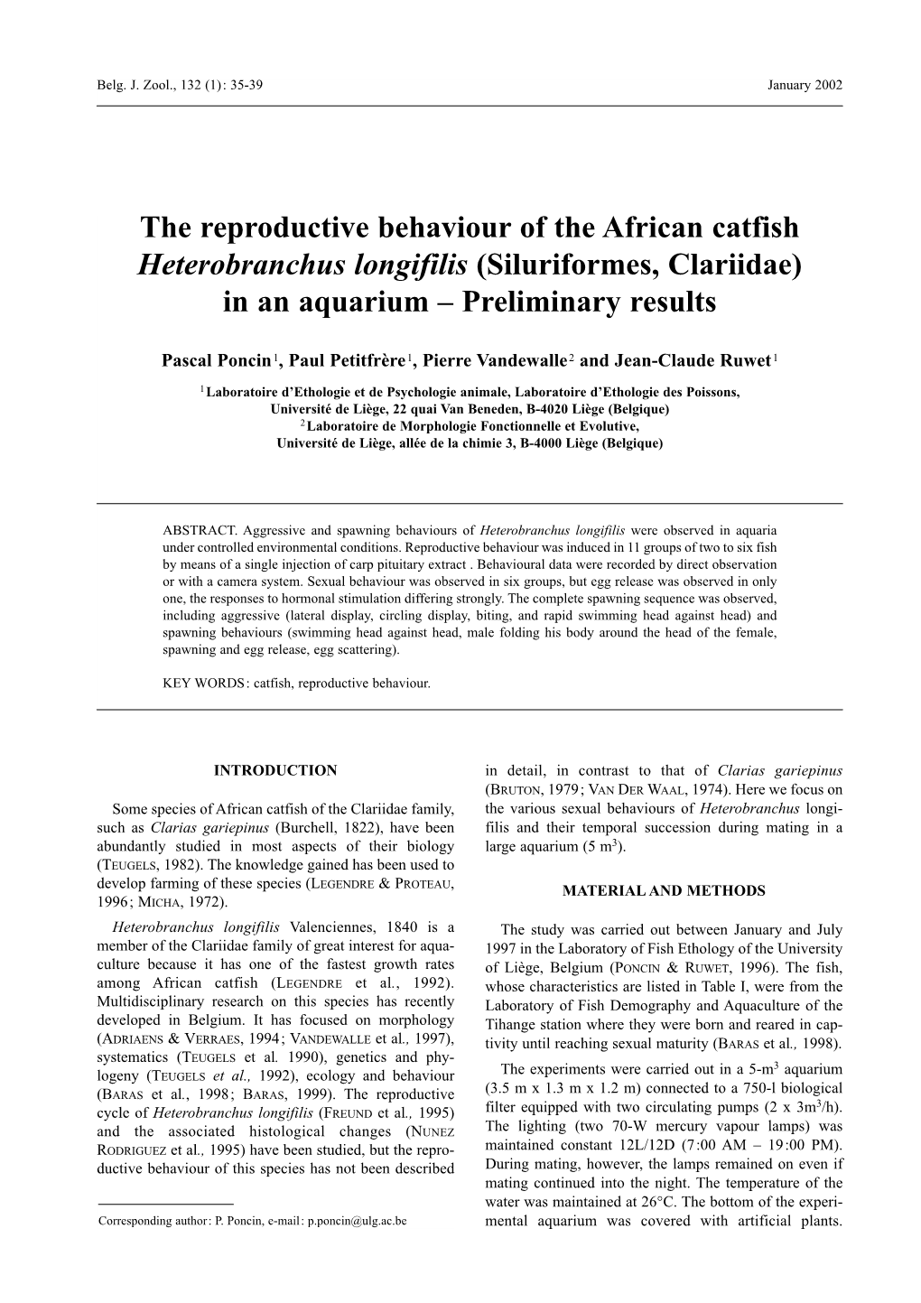 The Reproductive Behaviour of the African Catfish Heterobranchus Longifilis (Siluriformes, Clariidae) in an Aquarium – Preliminary Results