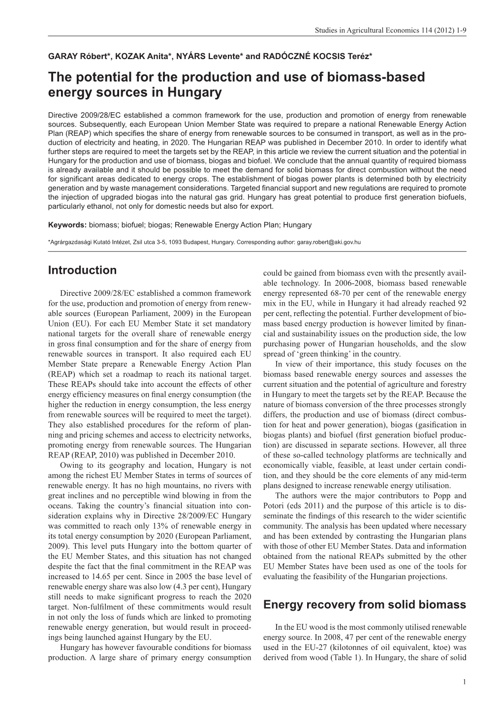 The Potential for the Production and Use of Biomass-Based Energy Sources in Hungary