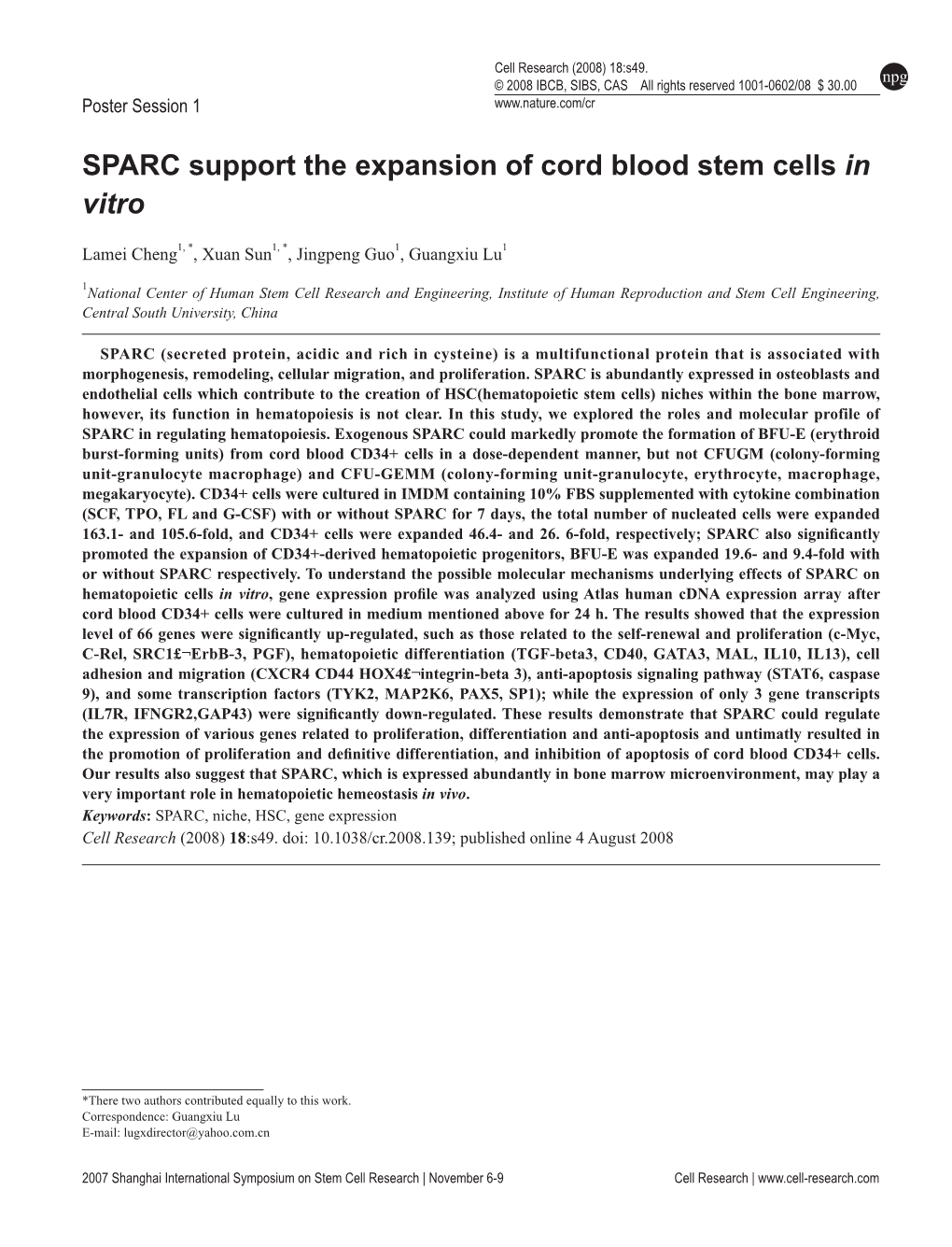 SPARC Support the Expansion of Cord Blood Stem Cells in Vitro