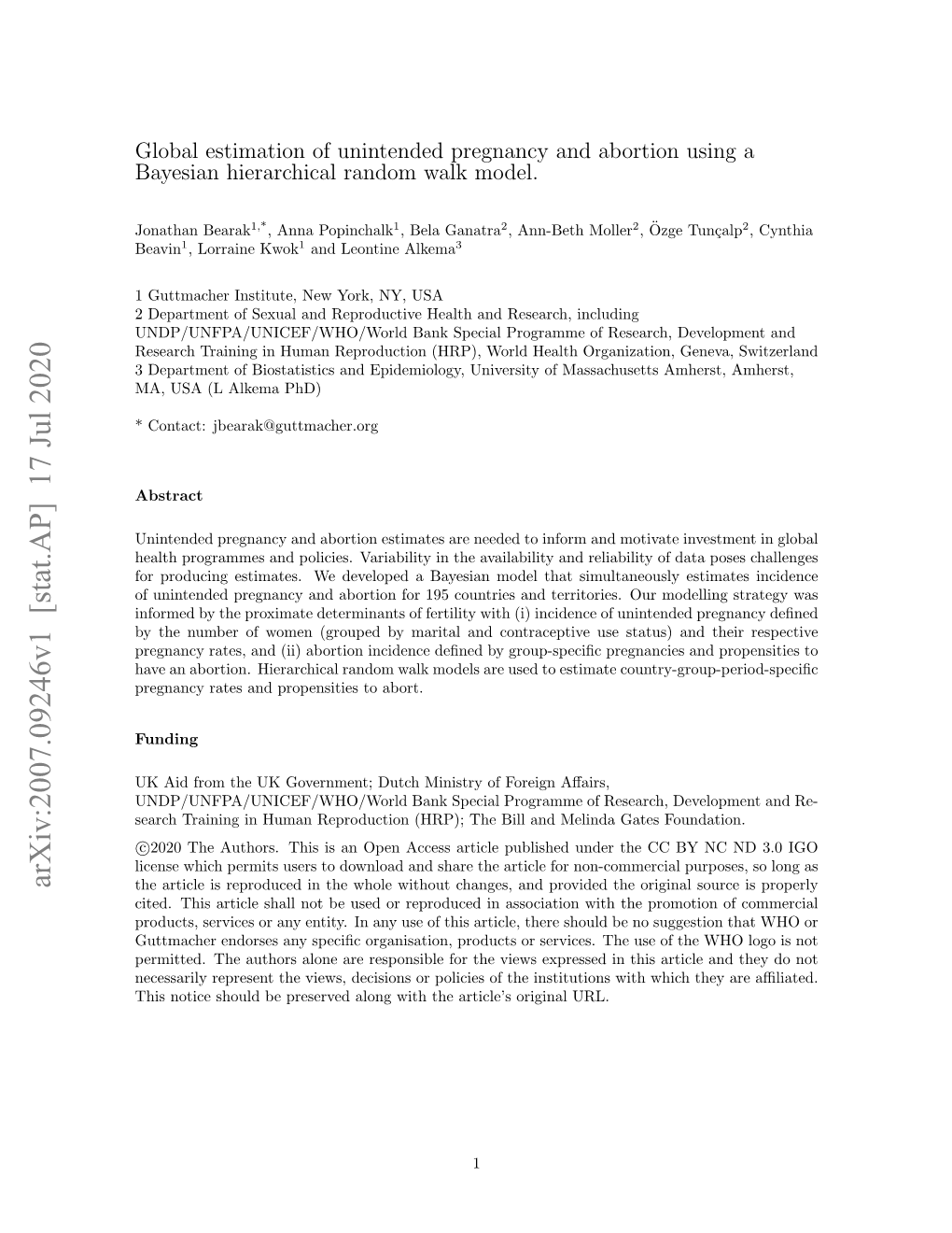 Arxiv:2007.09246V1 [Stat.AP] 17 Jul 2020 the Article Is Reproduced in the Whole Without Changes, and Provided the Original Source Is Properly Cited