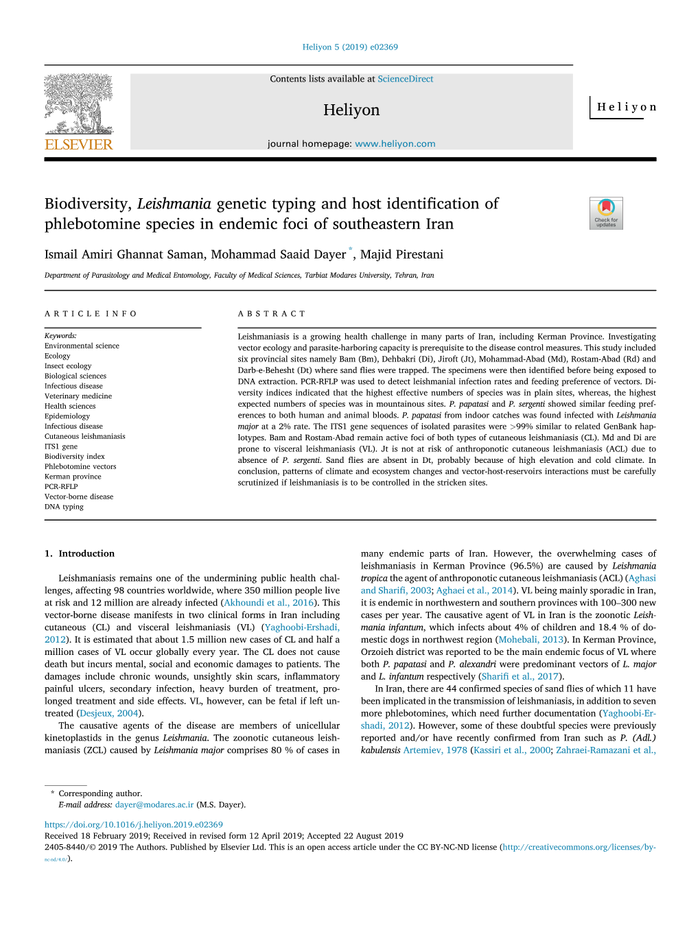 Biodiversity, Leishmania Genetic Typing and Host Identification Of