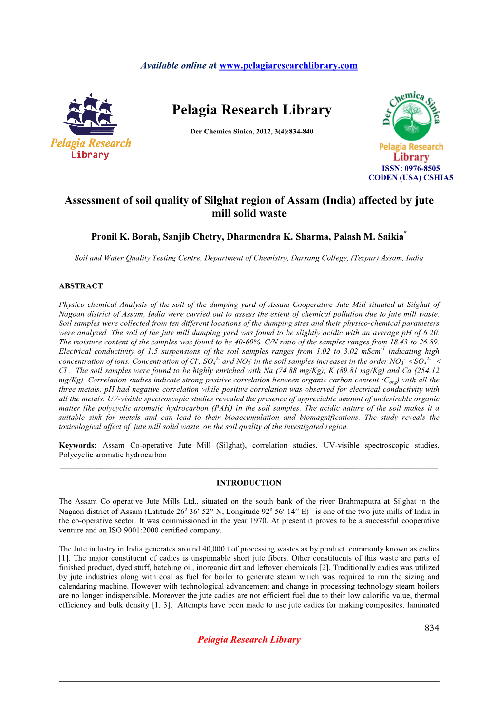 Assessment of Soil Quality of Silghat Region of Assam (India) Affected by Jute Mill Solid Waste
