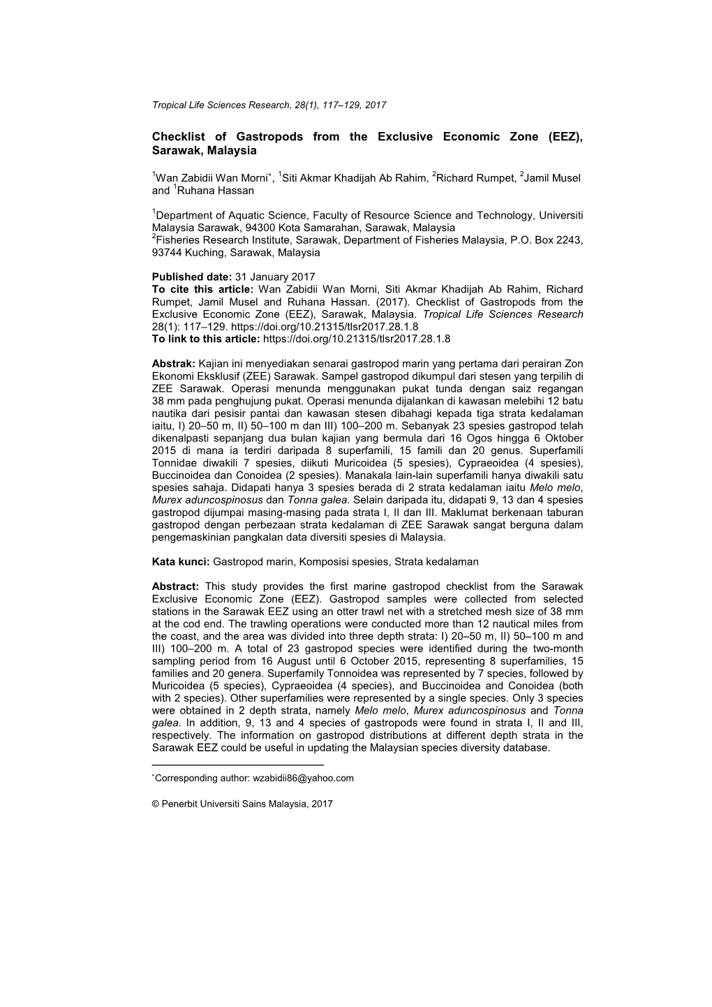 Checklist of Gastropods from the Exclusive Economic Zone (EEZ), Sarawak, Malaysia