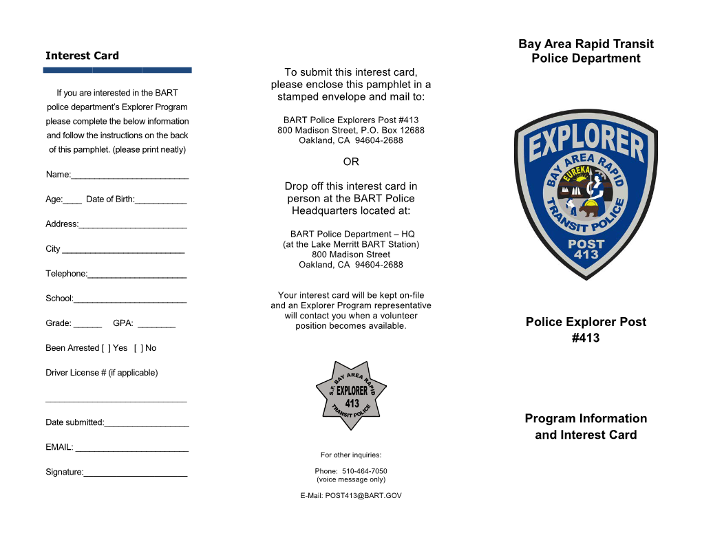 Bay Area Rapid Transit Police Department Police Explorer Post #413 Program Information and Interest Card
