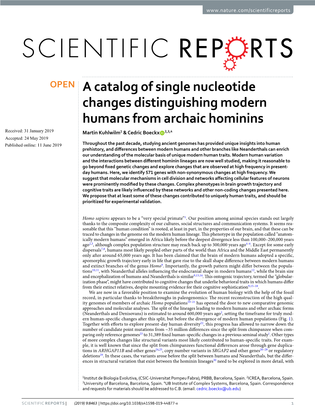 A Catalog of Single Nucleotide Changes Distinguishing Modern