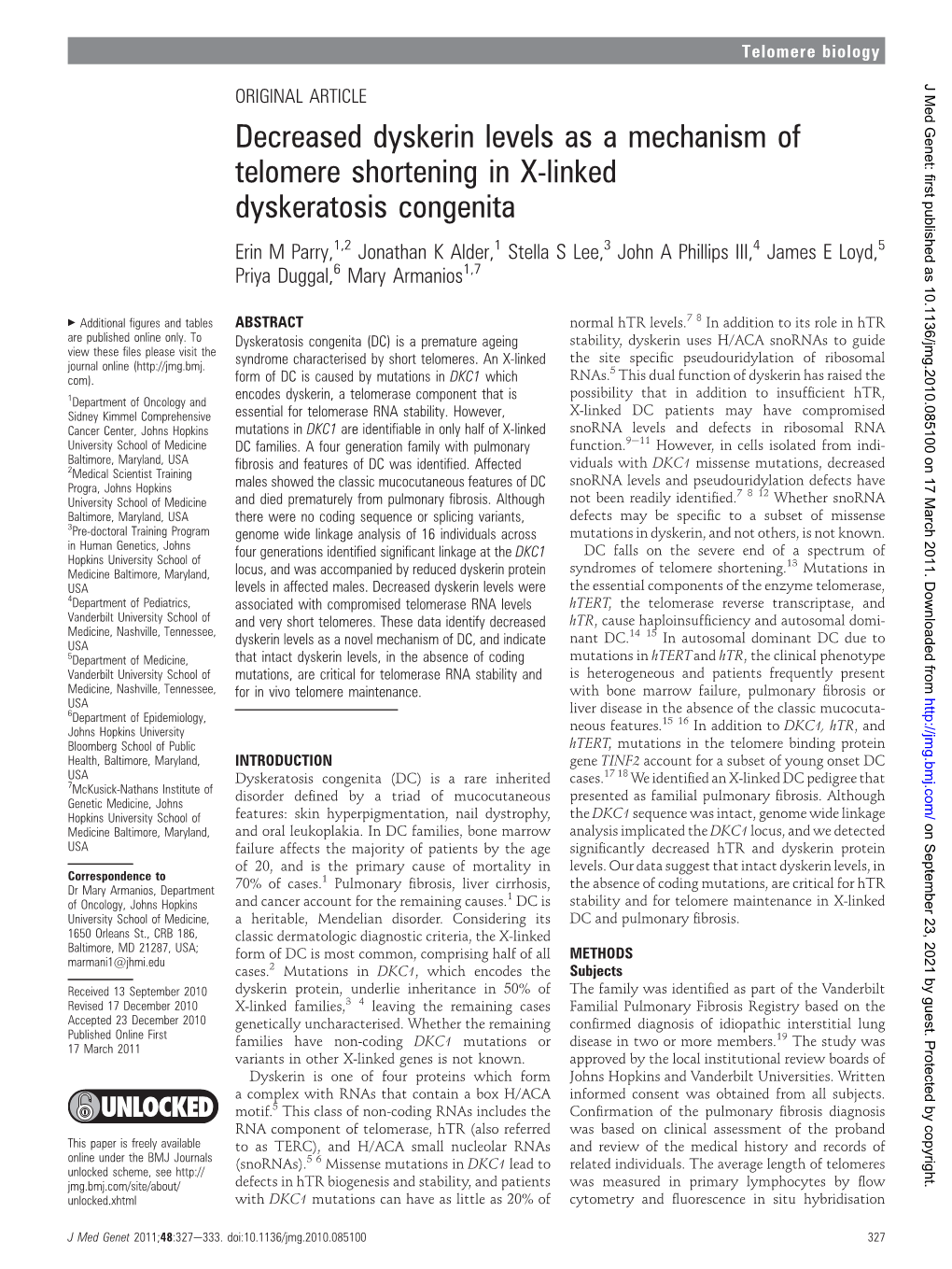 Decreased Dyskerin Levels As a Mechanism of Telomere Shortening