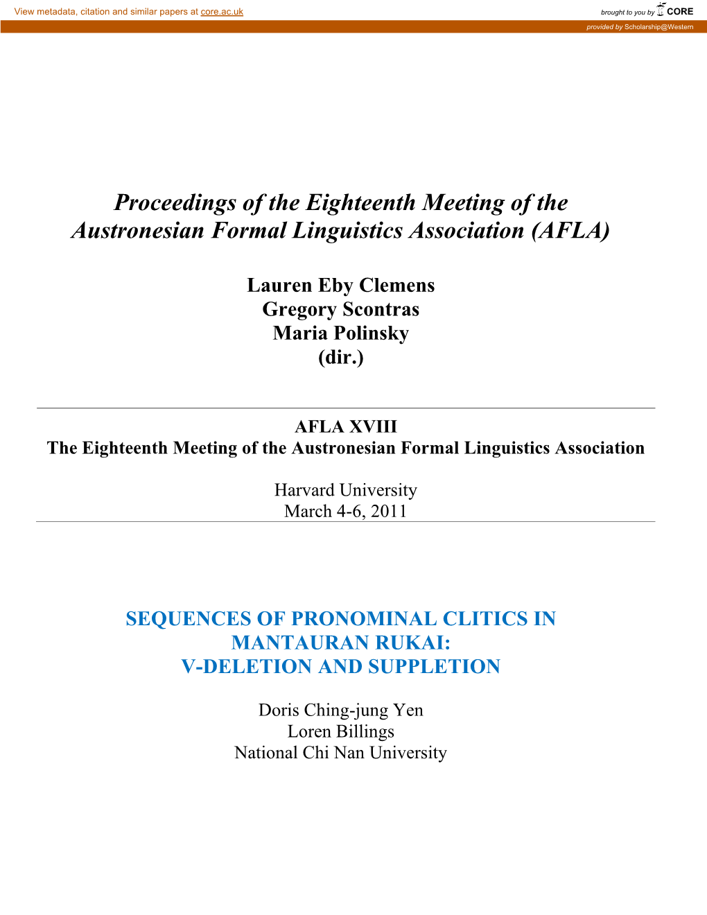 Sequences of Pronominal Clitics in Mantauran Rukai: V-Deletion and Suppletion