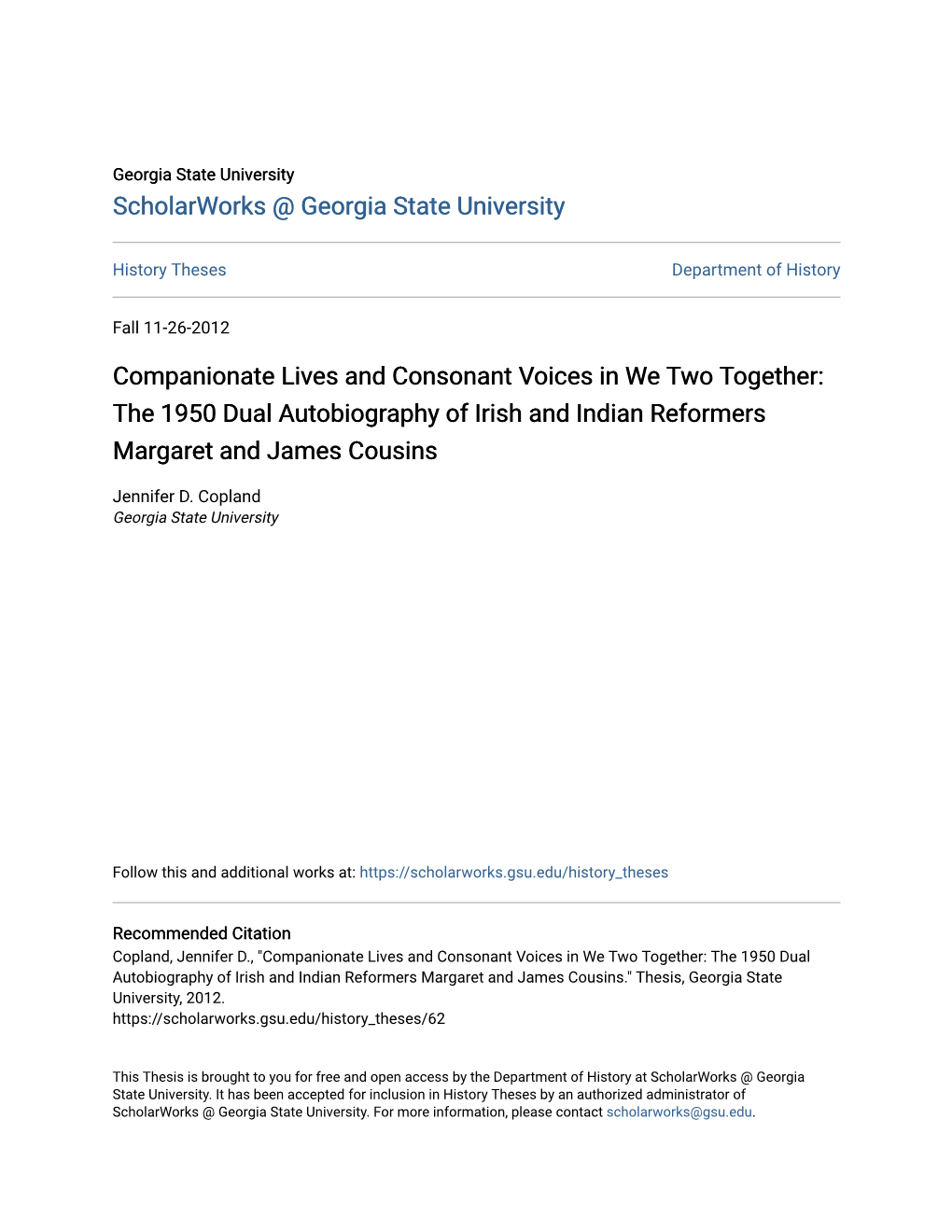 Companionate Lives and Consonant Voices in We Two Together: the 1950 Dual Autobiography of Irish and Indian Reformers Margaret and James Cousins