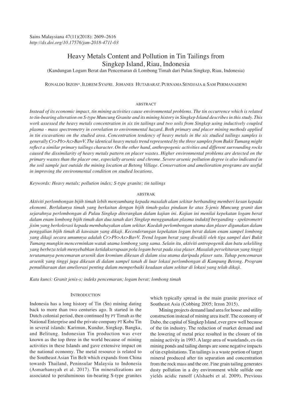 Heavy Metals Content and Pollution in Tin Tailings from Singkep Island