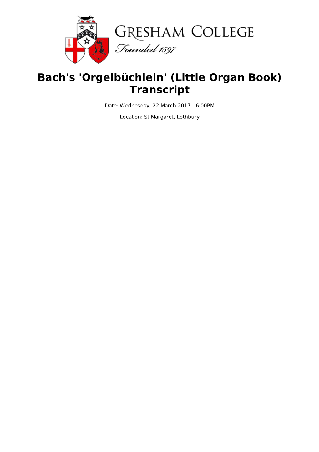 Bach's 'Orgelbüchlein' (Little Organ Book) Transcript