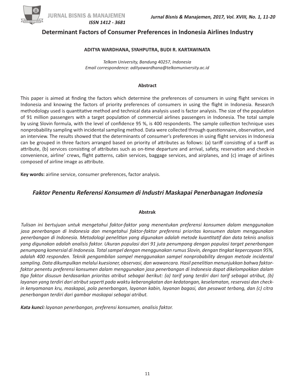 Determinant Factors of Consumer Preferences in Indonesia Airlines Industry Faktor Penentu Referensi Konsumen Di Industri Maskapa