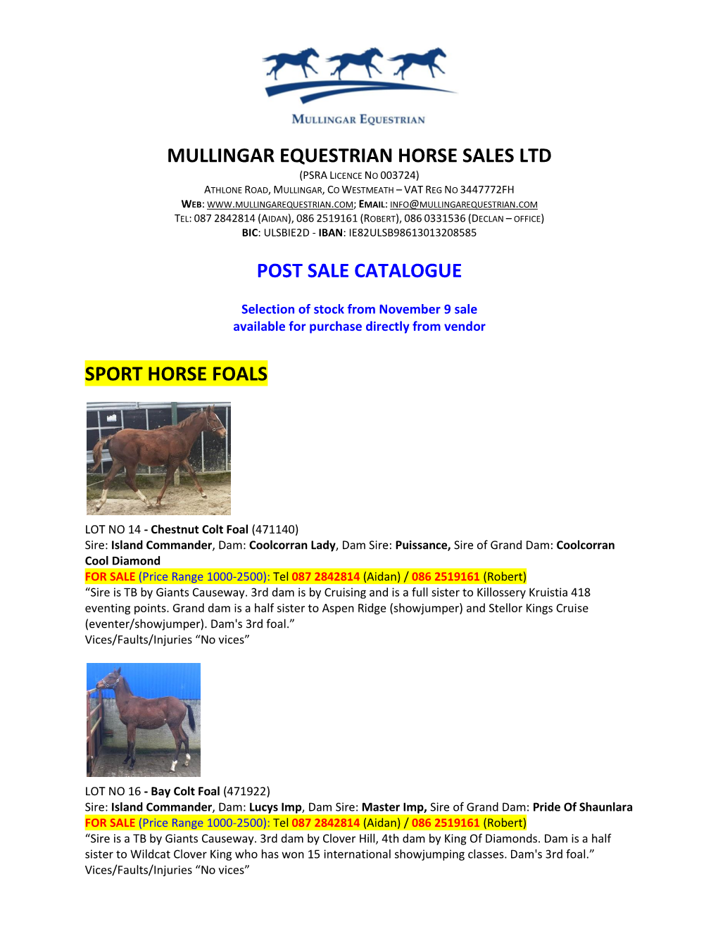 Mullingar Equestrian Horse Sales Ltd Post Sale Catalogue Sport Horse Foals