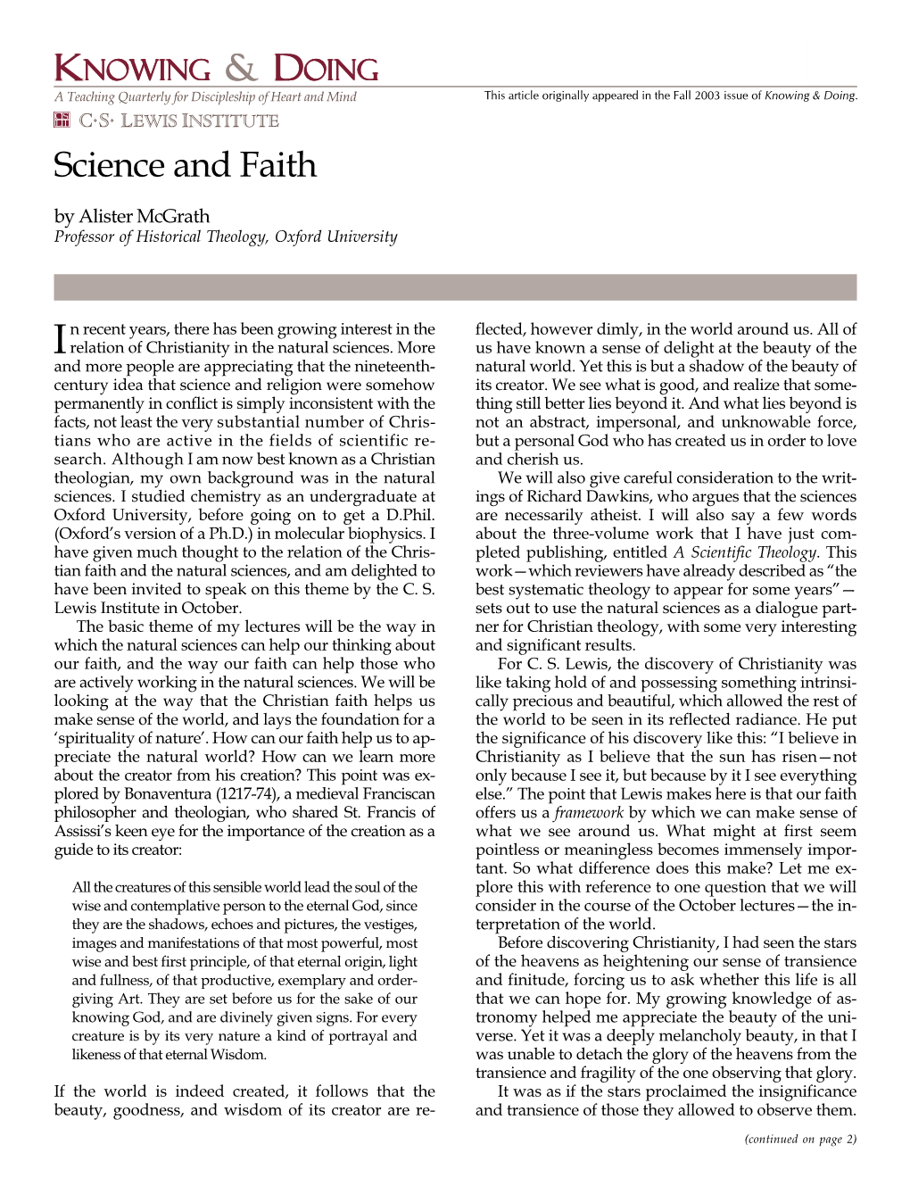 Science and Faith by Alister Mcgrath Professor of Historical Theology, Oxford University