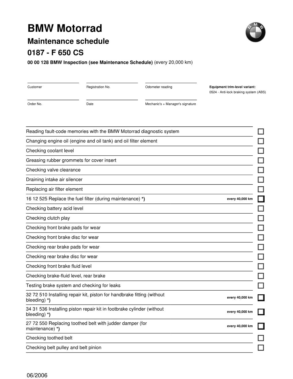 BMW F650CS 12K Motorcycle Service Schedule
