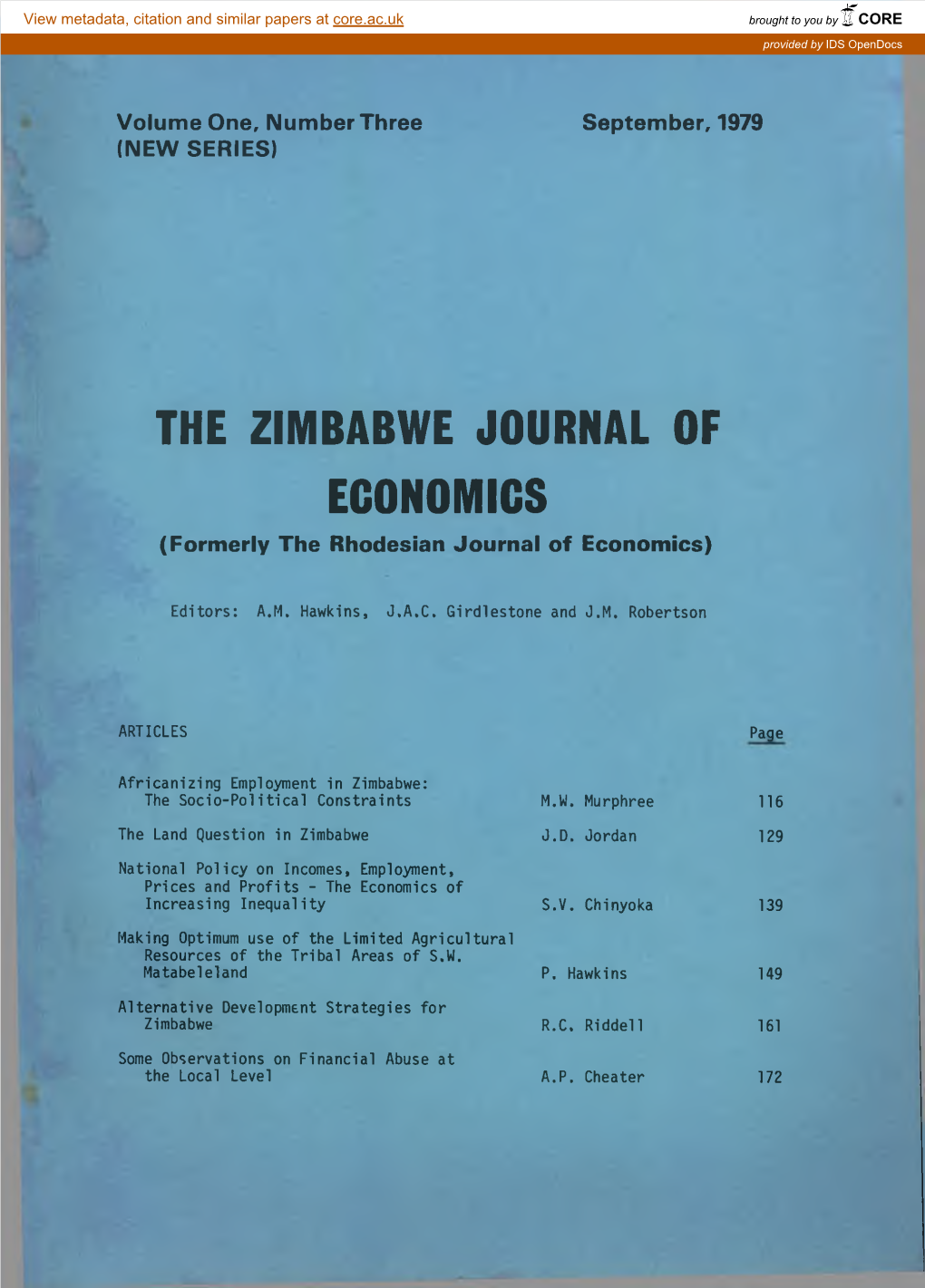 THE ZIMBABWE JOURNAL of ECONOMICS (Formerly the Rhodesian Journal of Economics)