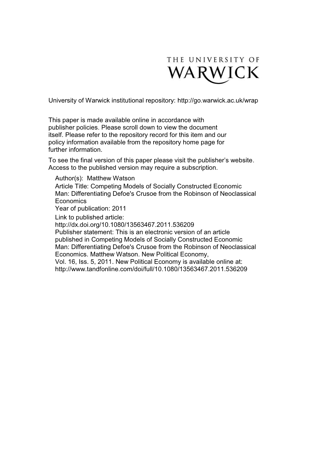 Differentiating Defoe's Crusoe from the Robinson of Neoclassical Economics