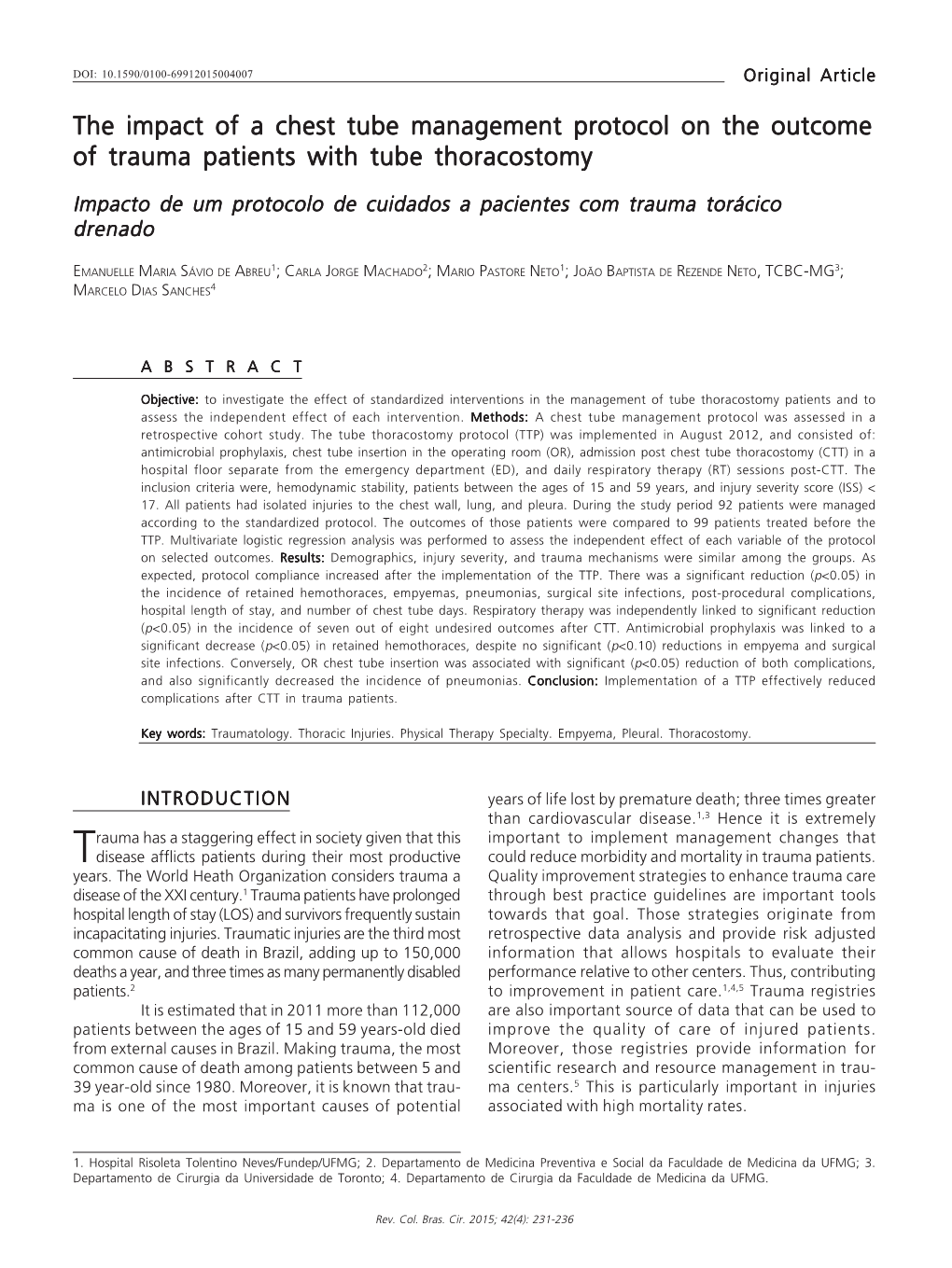 The Impact of a Chest Tube Management Protocol on the Outcome of Trauma Patients with Tube Thoracostomy