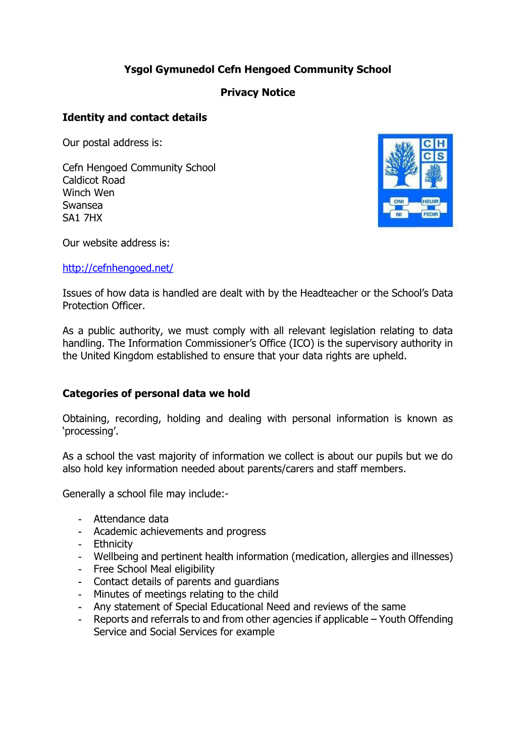 Ysgol Gymunedol Cefn Hengoed Community School Privacy Notice