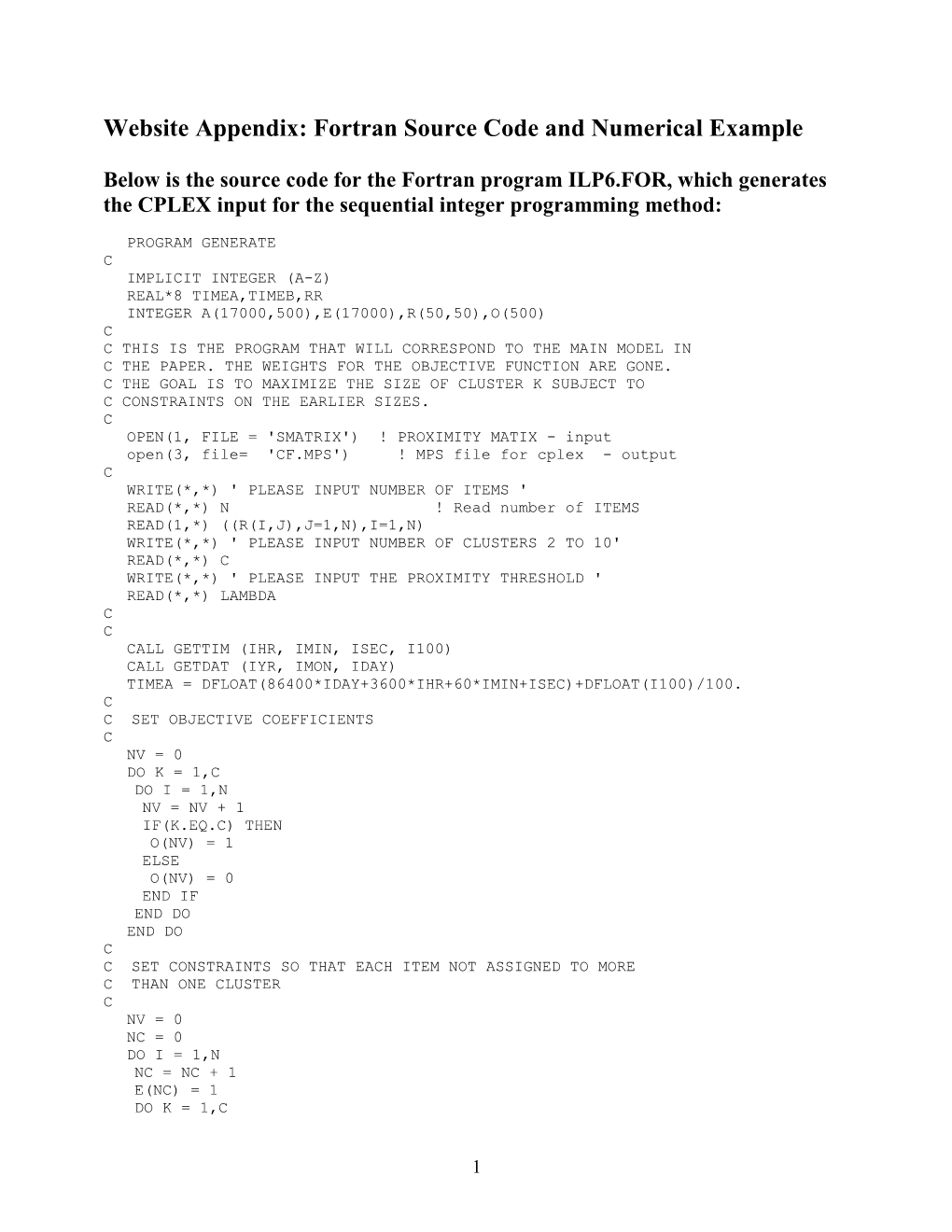 Website Appendix: Fortran Source Code and Numerical Example