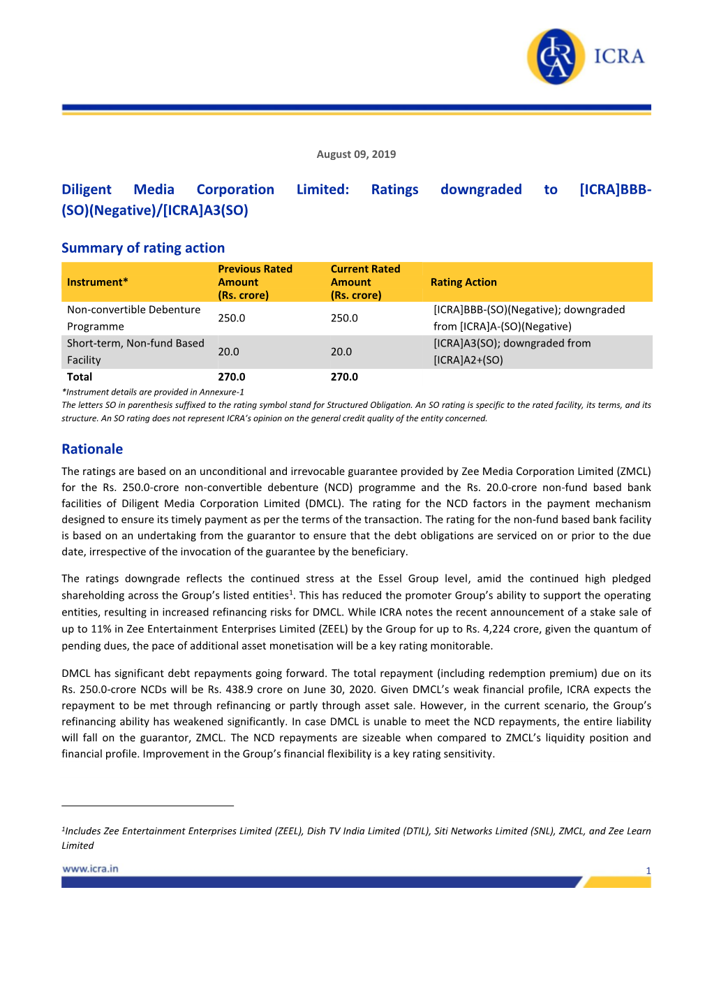 Diligent Media Corporation Limited: Ratings Downgraded to [ICRA]BBB- (SO)(Negative)/[ICRA]A3(SO)