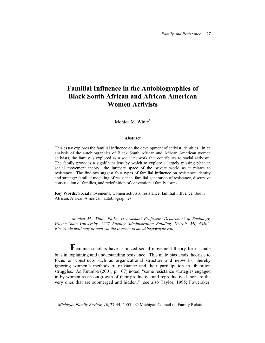 Familial Influence in the Autobiographies of Black South African and African American Women Activists