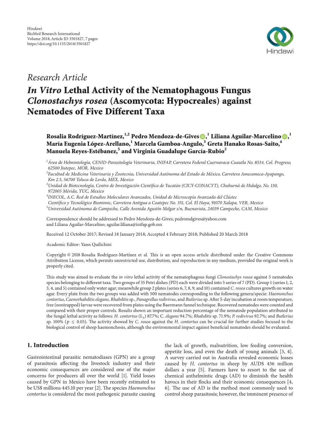 In Vitro Lethal Activity of the Nematophagous Fungus Clonostachys Rosea (Ascomycota: Hypocreales) Against Nematodes of Five Different Taxa