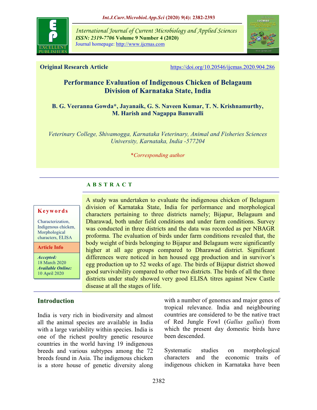 Performance Evaluation of Indigenous Chicken of Belagaum Division of Karnataka State, India