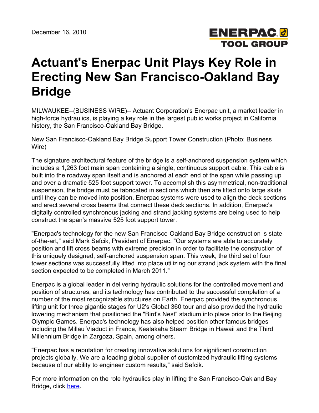 Actuant's Enerpac Unit Plays Key Role in Erecting New San Francisco-Oakland Bay Bridge