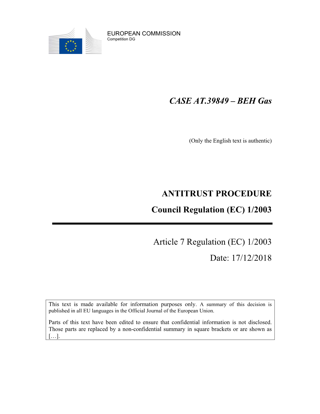 BEH Gas ANTITRUST PROCEDURE Council Regulation (EC)