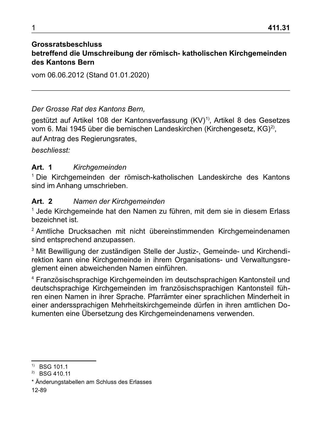 Katholischen Kirchgemeinden Des Kantons Bern Vom 06.06.2012 (Stand 01.01.2020)