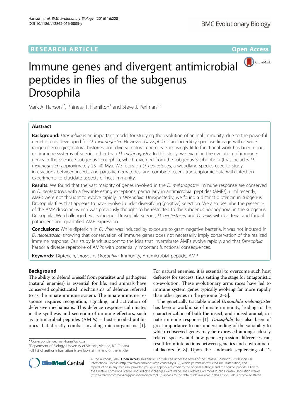 Immune Genes and Divergent Antimicrobial Peptides in Flies of the Subgenus Drosophila Mark A